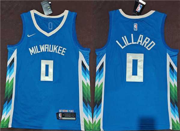 Mens Milwaukee Bucks #0 Damian Lillard Blue 2022-23 City Edition Stitched Basketball Jersey